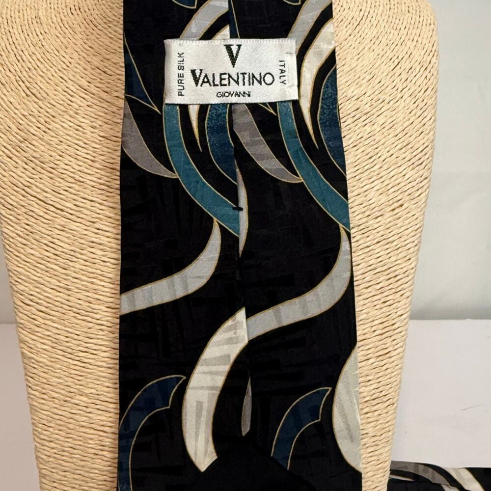 Vintage Valentino Giovanni Silk Tie Black Teal Gold Geometric Italy - Picture 3 of 4